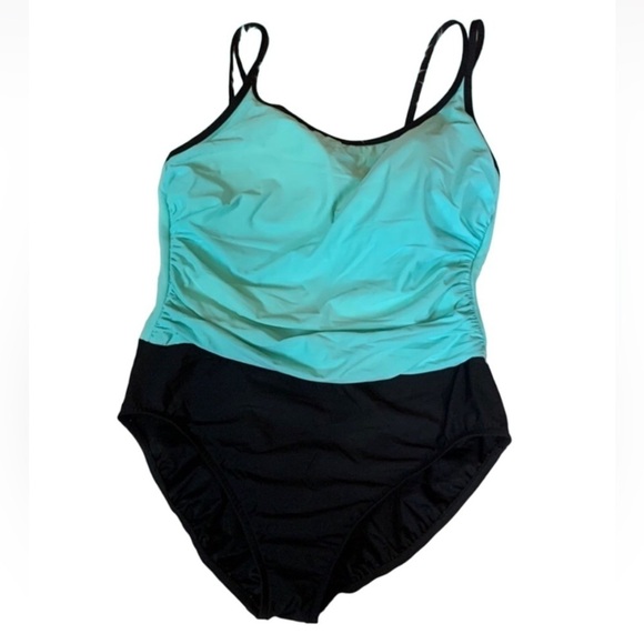 Trimshaper colorblock one piece swimsuit with ruching Size 14 Made in USA - Picture 1 of 10